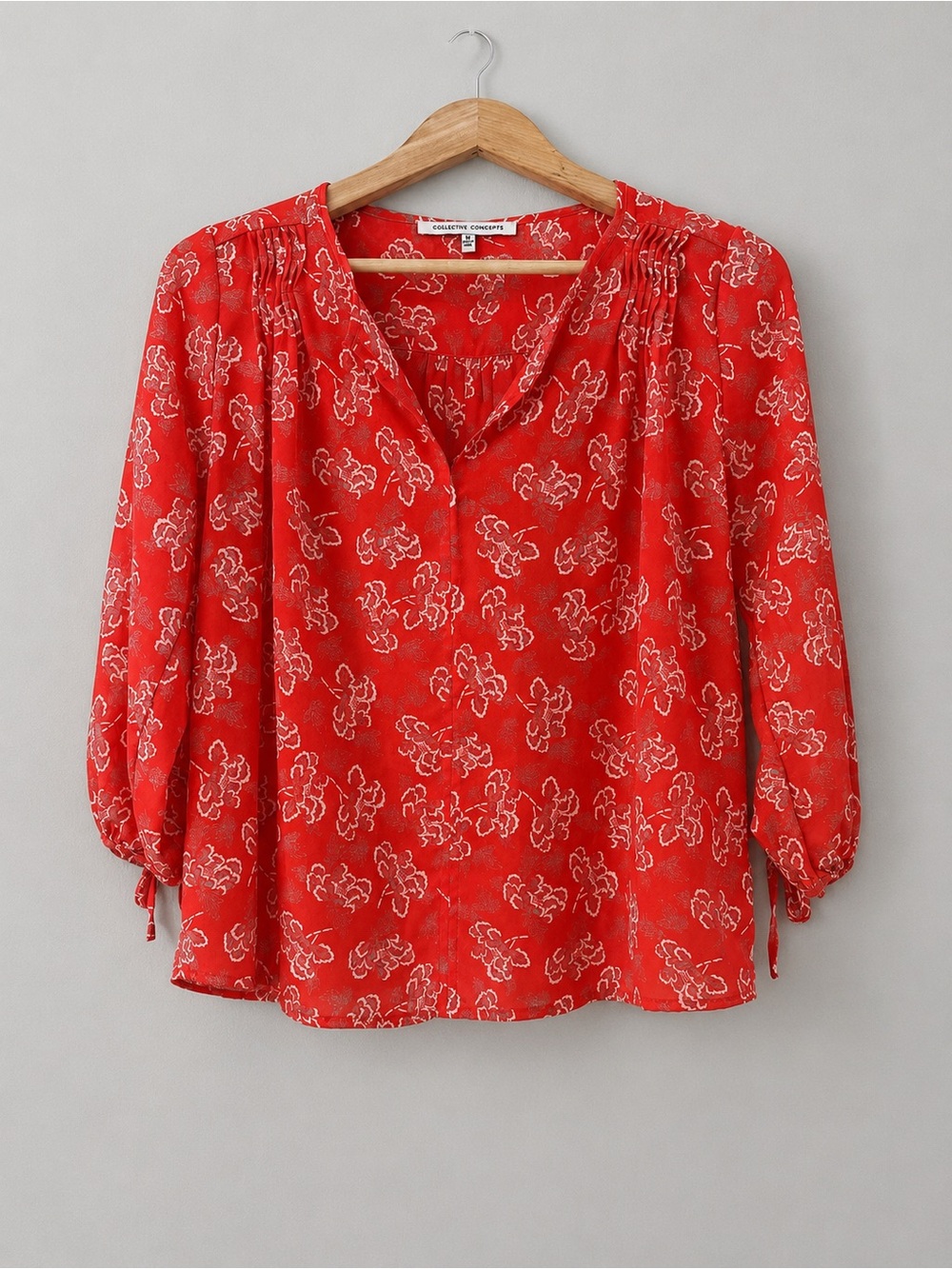 Collective Concepts Women’s M Orange Floral Blouse Split Neck 3/4 Tie Sleeve